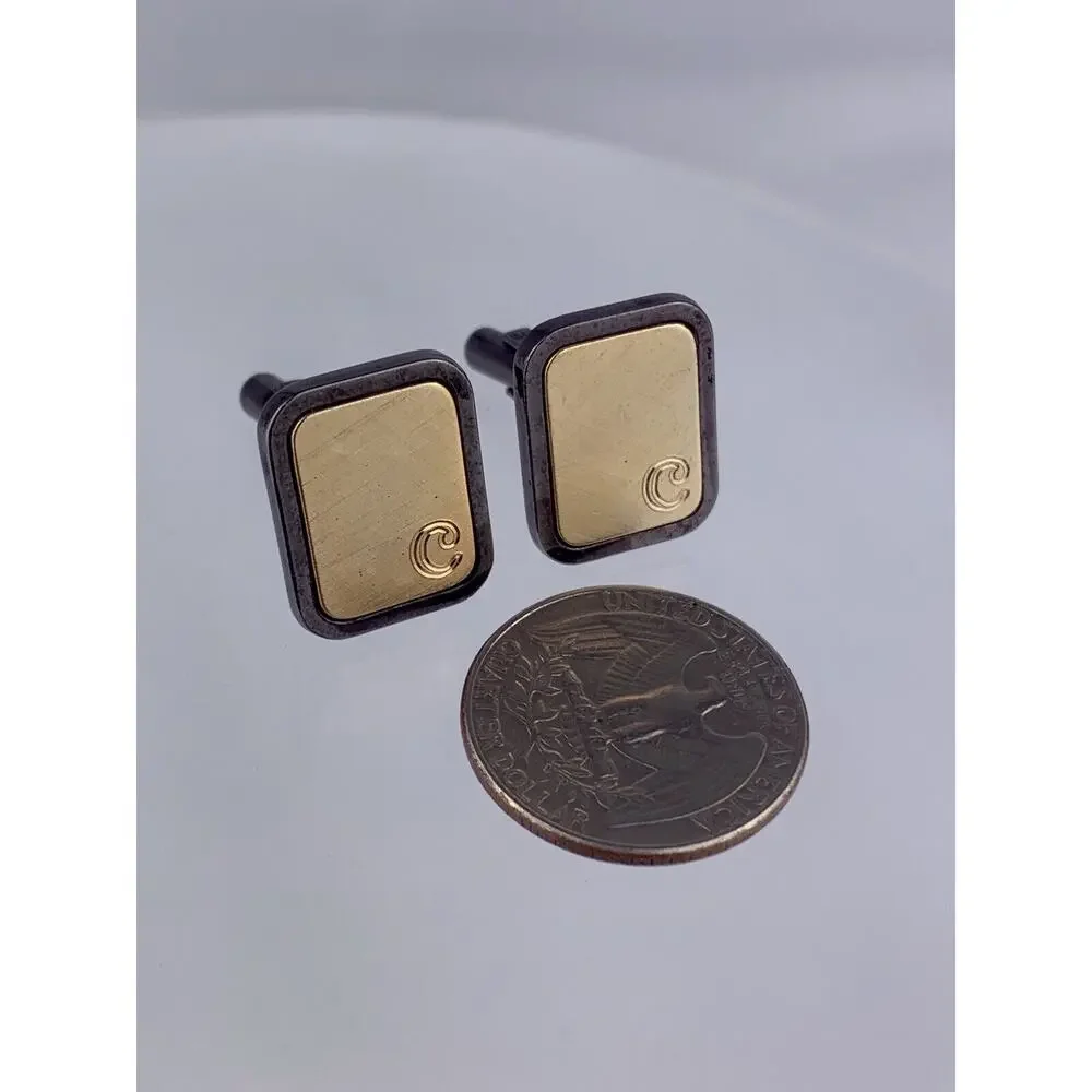 Modern C Initial Gold Tone Black Cufflinks Brushed Metal Formal Vintage